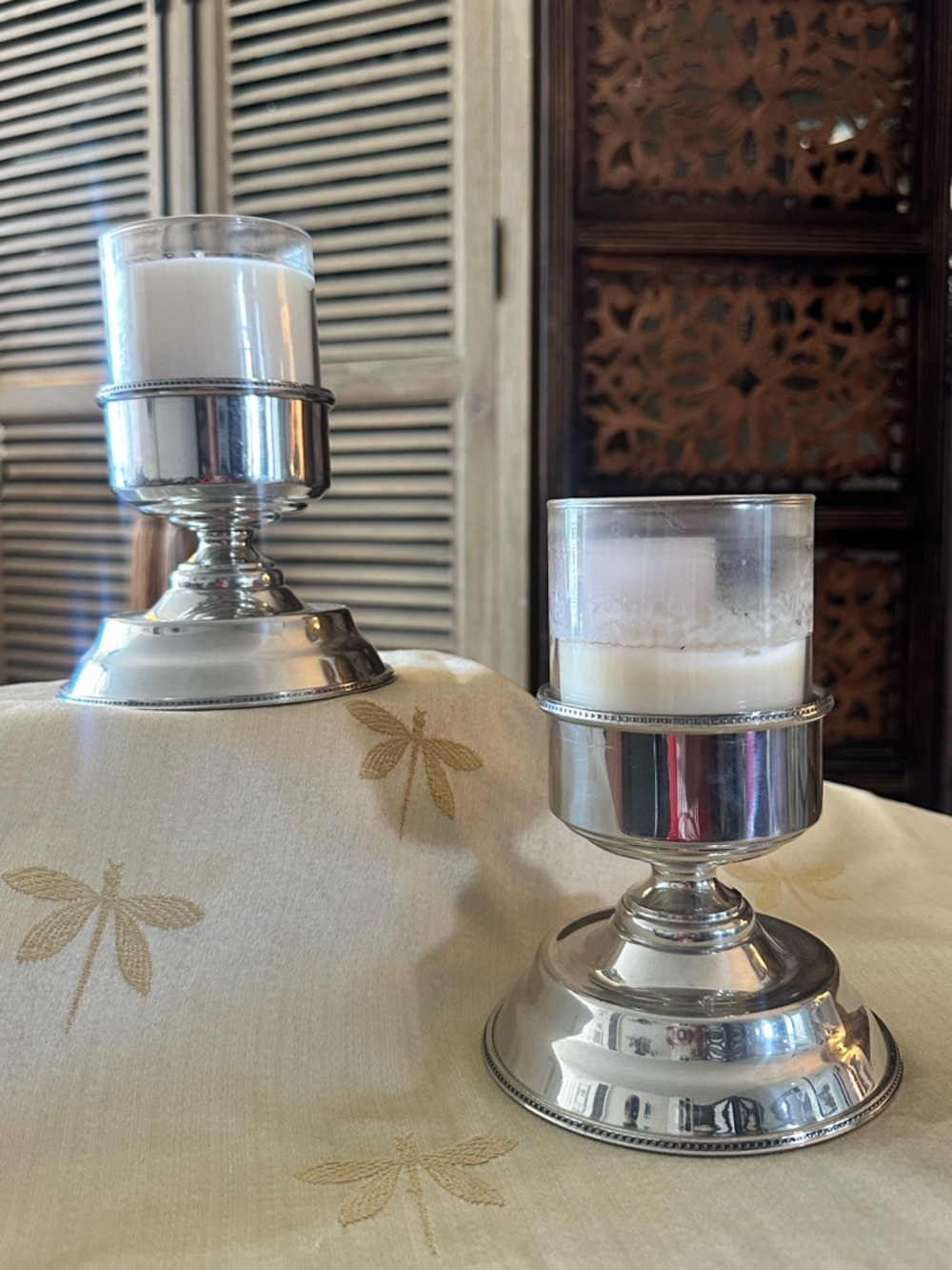 Pair Of Salisbury Pewter Beaded Edge Wide Base Candleholders. Made in USA.